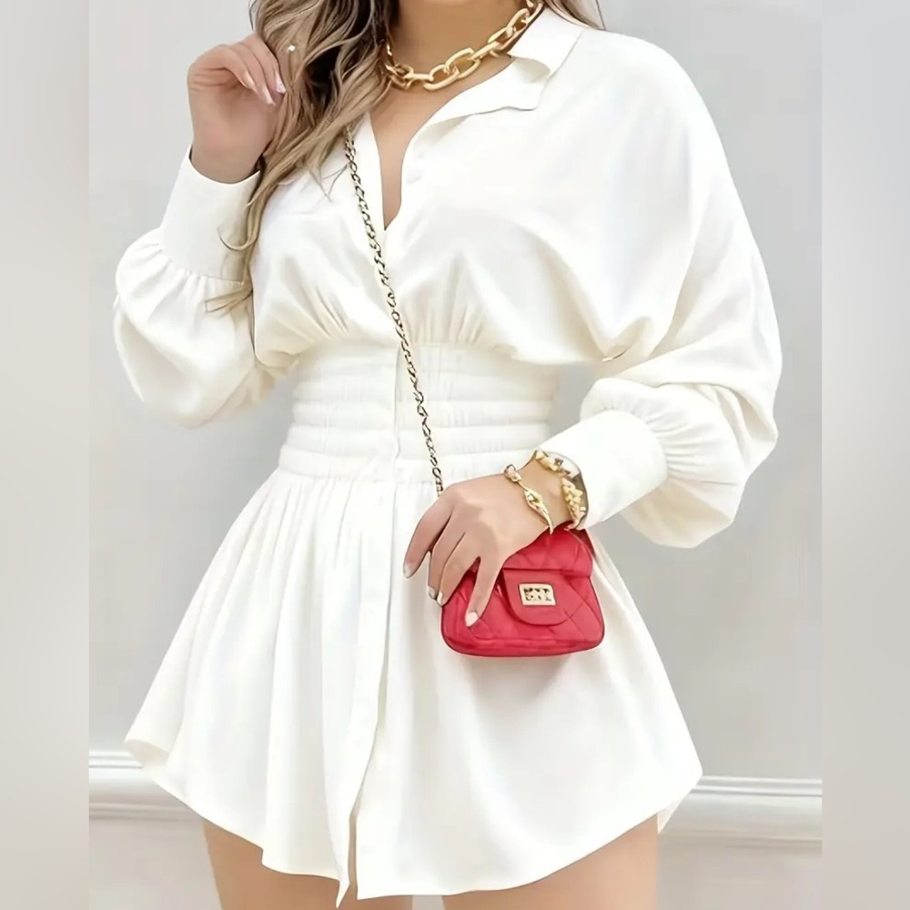 NWT Smocked-Waist Long Sleeve Shirt Dress - Button-Down - White - Large